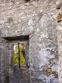 Old abandoned stone-built house in Old Perithia at Pantokrator Mountain, Corfu Island, Greece. Old Perithia is a ghost village on the northern side of Corfu.