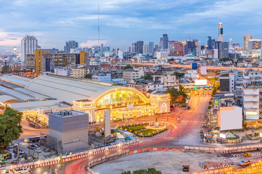Bangkok Central Train Station with Skyline cityscape sunset Thailand