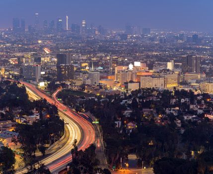 Aerial Los Angeles Cityscape Sunset, LA California, USA