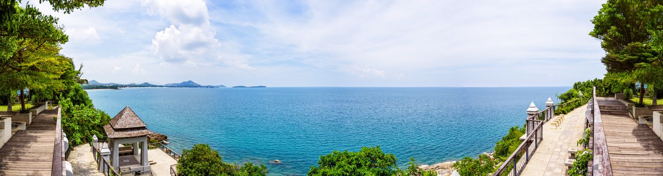 Lad Koh View Point, High angle view panorama beautiful nature landscape of rocks on the coastline with blue sea under the summer sky at Koh Samui island, Surat Thani, Thailand