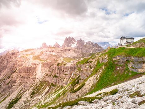 Auronzo mountain hut, aka Rifugio Auronzo, at Tre Cime massive, Dolomites, Italy