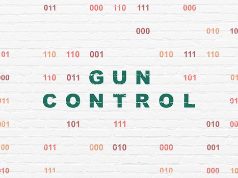 Privacy concept: Painted green text Gun Control on White Brick wall background with Binary Code