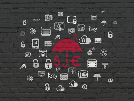 Security concept: Painted red Money And Umbrella icon on Black Brick wall background with  Hand Drawn Security Icons