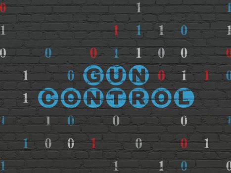 Protection concept: Painted blue text Gun Control on Black Brick wall background with Binary Code