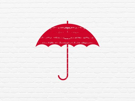 Privacy concept: Painted red Umbrella icon on White Brick wall background