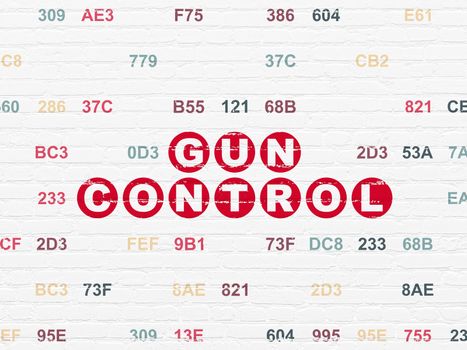 Protection concept: Painted red text Gun Control on White Brick wall background with Hexadecimal Code