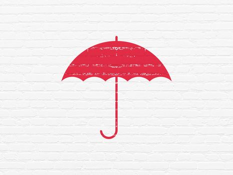 Protection concept: Painted red Umbrella icon on White Brick wall background