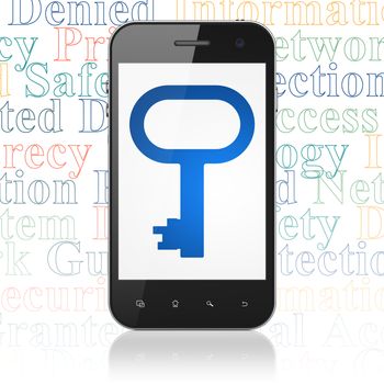 Protection concept: Smartphone with  blue Key icon on display,  Tag Cloud background, 3D rendering