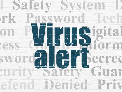 Security concept: Painted blue text Virus Alert on White Brick wall background with  Tag Cloud