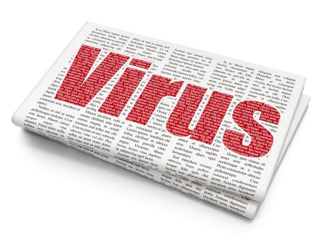 Protection concept: Pixelated red text Virus on Newspaper background, 3D rendering