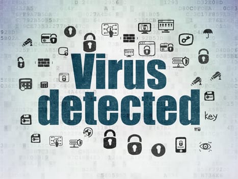 Privacy concept: Painted blue text Virus Detected on Digital Data Paper background with  Hand Drawn Security Icons