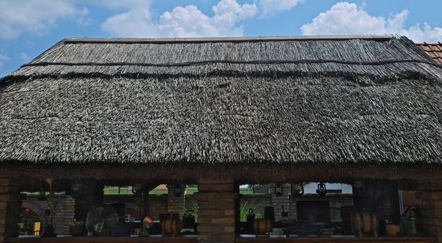 Reed roof on Serbian traditional shed, close up