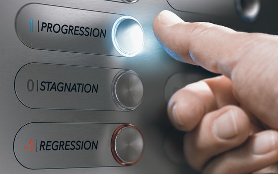 Man pushing an elevator button where it is written he words progression, stagnation and regression. Successful life choice or career advancement concept. Composite image between a hand photography and a 3D background.