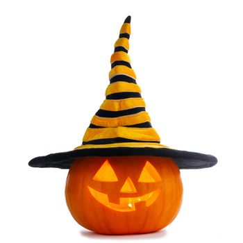 Jack O Lantern Halloween pumpkin with witches hat isolated on white background