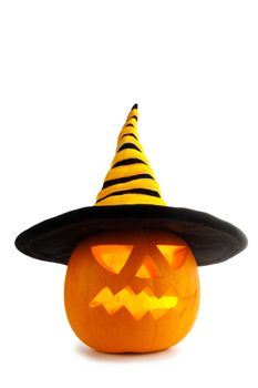 Jack O Lantern Halloween pumpkin with witches hat isolated on white background