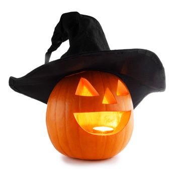 Jack O Lantern Halloween pumpkin with witches hat isolated on white background