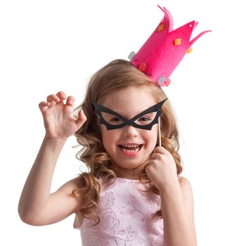 Beautiful little candy princess girl in crown bat mask, halloween concept