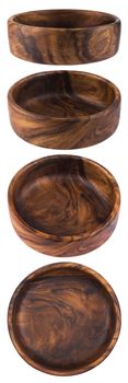 Collection of empty wooden bowls isolated on white background with clipping path.