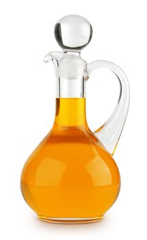Vegetable oil in glass bottle isolated on white background with clipping path