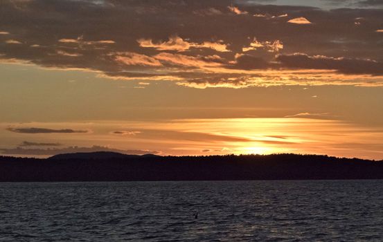 Golden sun sinks over the lake in the evening, golden water, South Ural lake Uvildy