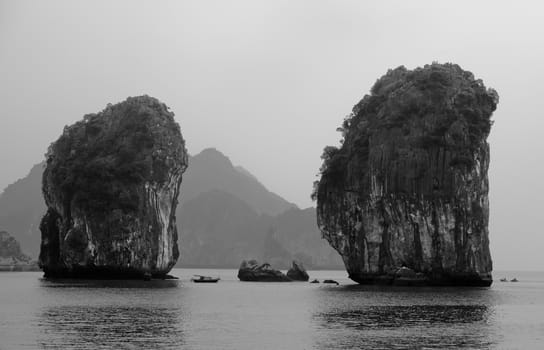 Odd-shaped limestone rock in Ha Long Bay, Vietnam