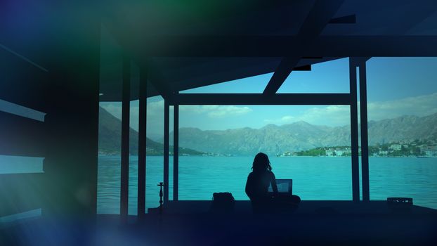 Silhouette of a blogger sitting in a paradise place and working on the computer. For his activities, he gets many likes, which is displayed on the infographics in front of him.