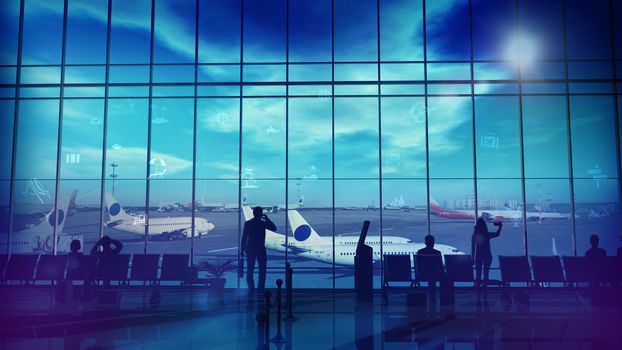 Silhouettes stand in front of a large window in the airport departure hall before a big trip.