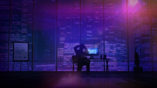 The man in the office holds his head against the background of the night skyscrapers.