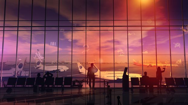 Silhouettes stand in front of a large window in the airport departure hall before a big trip.