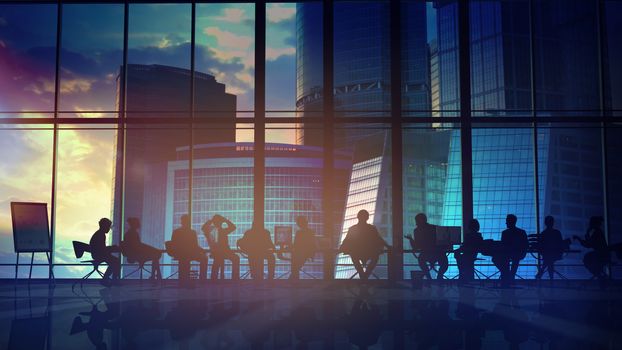 Silhouettes of employees led by their leader in a large office in front of a panoramic window.