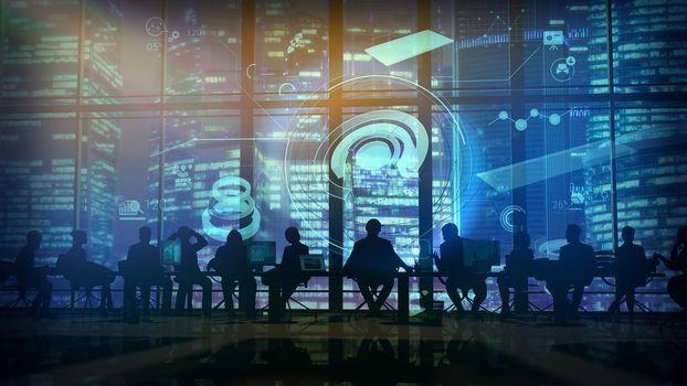 Silhouettes of employees led by their leader in a large office in front of a panoramic window.