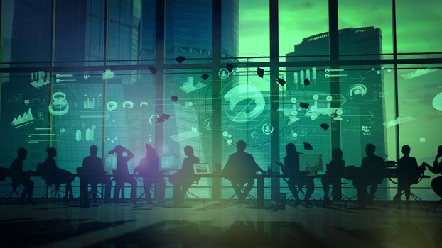 Silhouettes of employees led by their leader in a large office in front of a panoramic window.