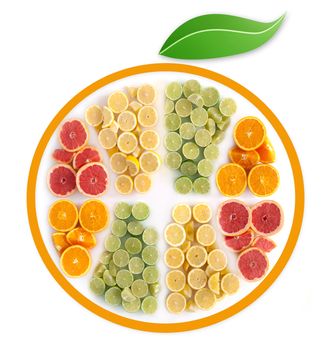 Many fruits in the shape of a sliced citrus including oranges, grapefruits, lemons and limes