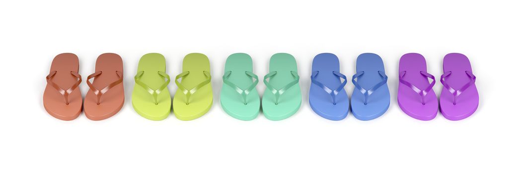 Flip-flops with different colors on white background