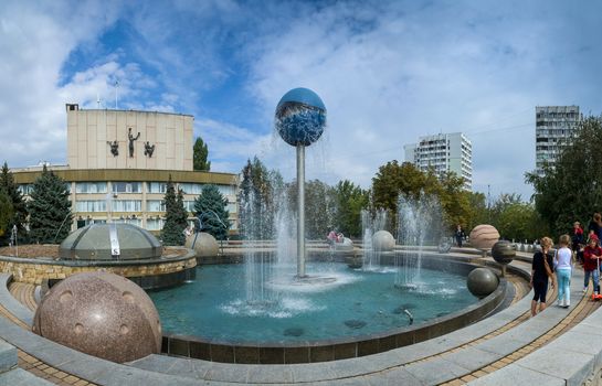 Yuzhne, Ukraine - 09.03.2018. Fountain Parade of Planets in Yuzhny,  port  city in Odessa province of Ukraine on the country's Black Sea coast.