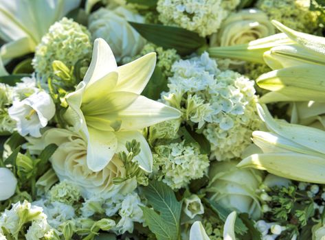 white funeral flowers with green leaves