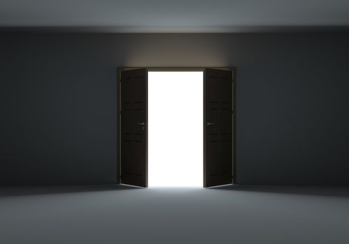 Doors opening to show bright light in the darkness. 3d illustration