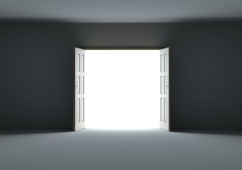 Doors opening to show bright light in the darkness. 3d illustration