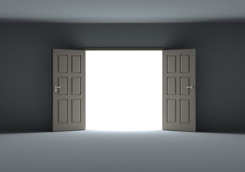 Doors opening to show bright light in the darkness. 3d illustration