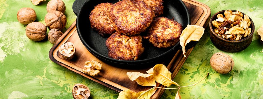 Homemade vegetable cutlets from walnut. Healthy food.
