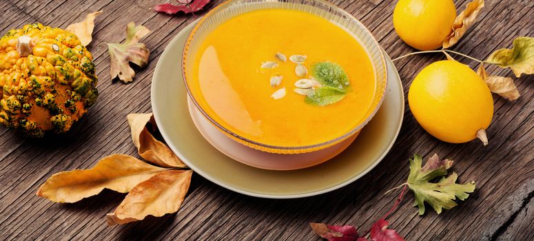 Dietary vegetarian pupmkin cream soup.Autumnal pumpkin soup