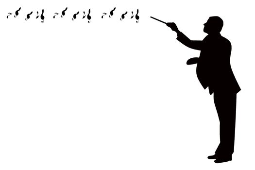 black silhouette of a classical music conductor with music notes flowing isolated on a white background