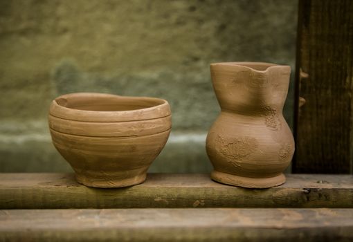 Artisan clay pots, traditional art detail