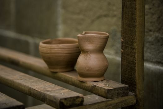 Artisan clay pots, traditional art detail