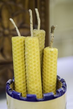 Wax for bee candles, detail of handmade candles