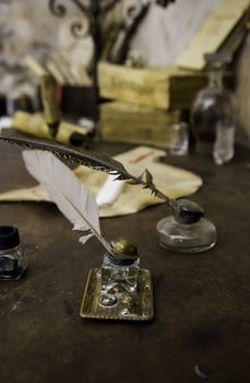 Old writing pen, antique writing detail, ink