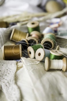 Old sewing threads, objects for sewing clothes