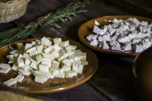 Pieces of cheese, detail of homemade dairy product