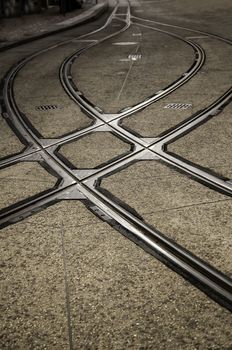 Tram rails in Ghent, detail of urban transport, tourism in Europe