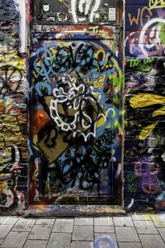 Street of graffiti in the city of Ghent, urban art detail